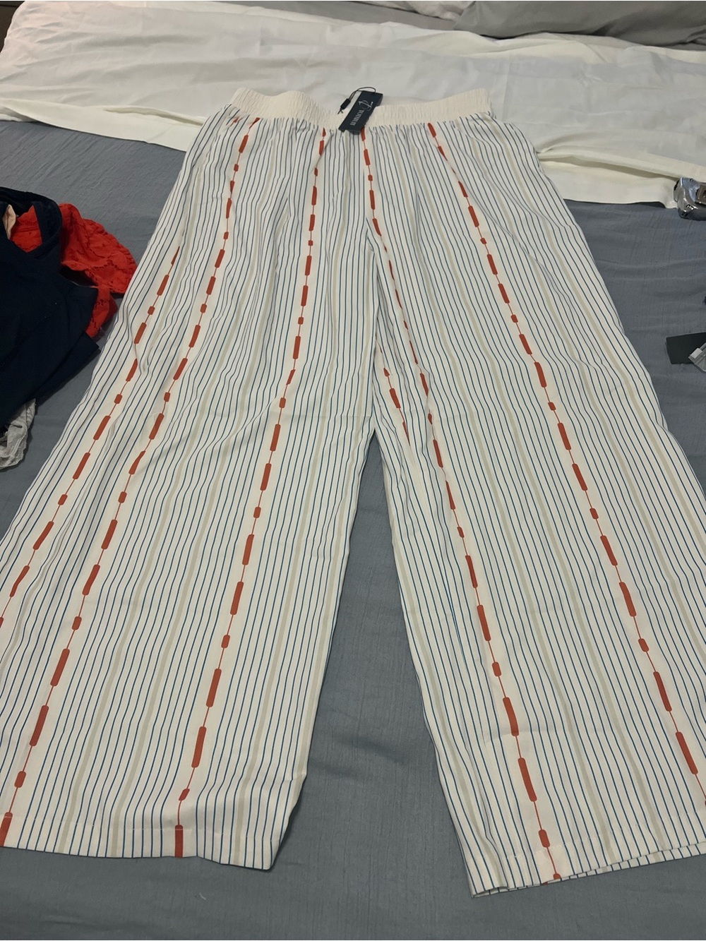 Wide Leg Striped Lounge Pants — White with Blue & Orange Stripes NWT